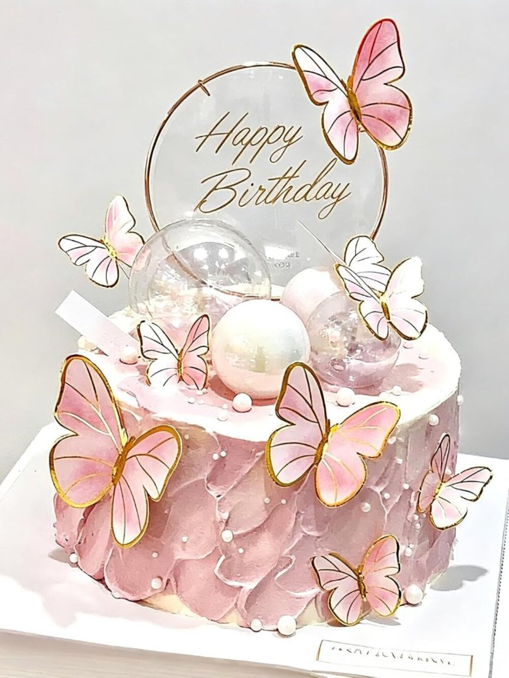 Pink Butterfly Cake Toppers, 11pcs Cupcake Toppers Happy Birthday Metal Gold Top